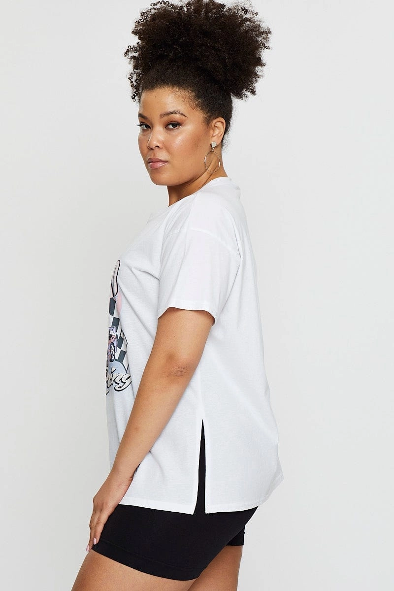 White Graphic T-shirt Off Road Short Sleeve Cotton Layered Hem Design UV Protection Fabric
