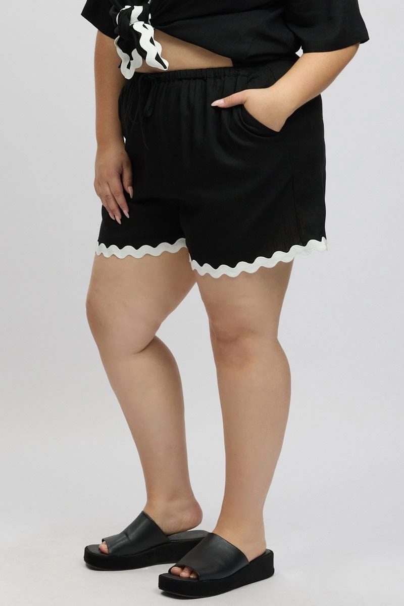 Black Ric Rac Trim Linen Blend Shorts Day Trip Wear corduroy shorts