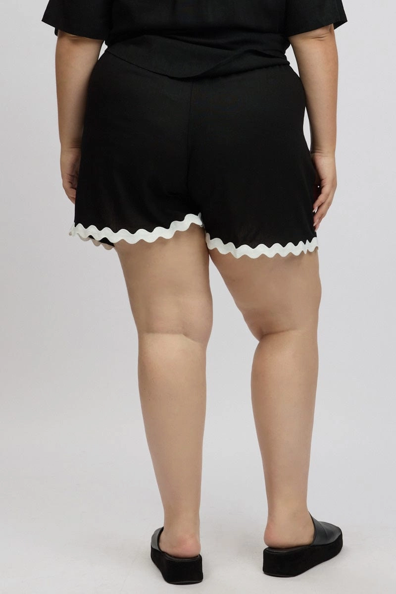 Black Ric Rac Trim Linen Blend Shorts Semi-formal Abrasion Resistant Surface