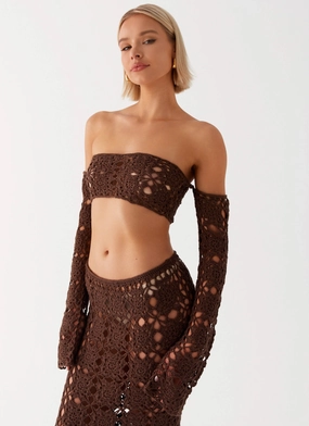 Quick Release Button Design Valley area Sorrentino Crochet Long Sleeve Top - Chocolate