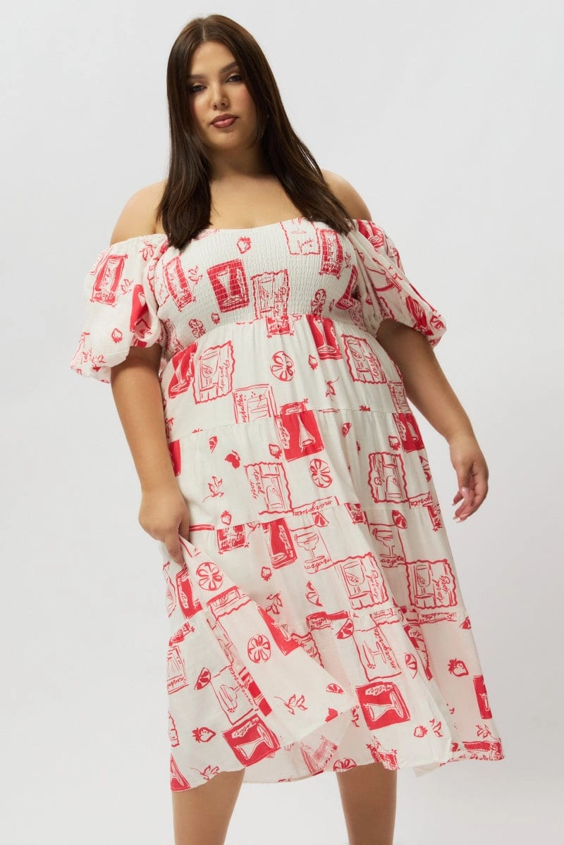 Red Abstract Midi Dress Short Sleeve Tiered Linen Blend Sophisticated Elegance