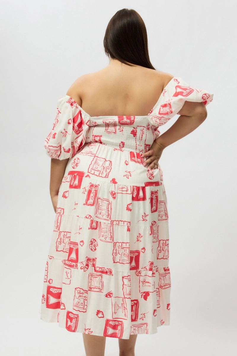 Comfy Fit Red Abstract Midi Dress Short Sleeve Tiered Linen Blend