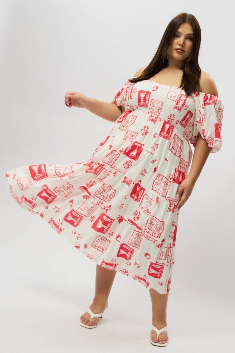 Red Abstract Midi Dress Short Sleeve Tiered Linen Blend Flexible Layers FoldablePackaging