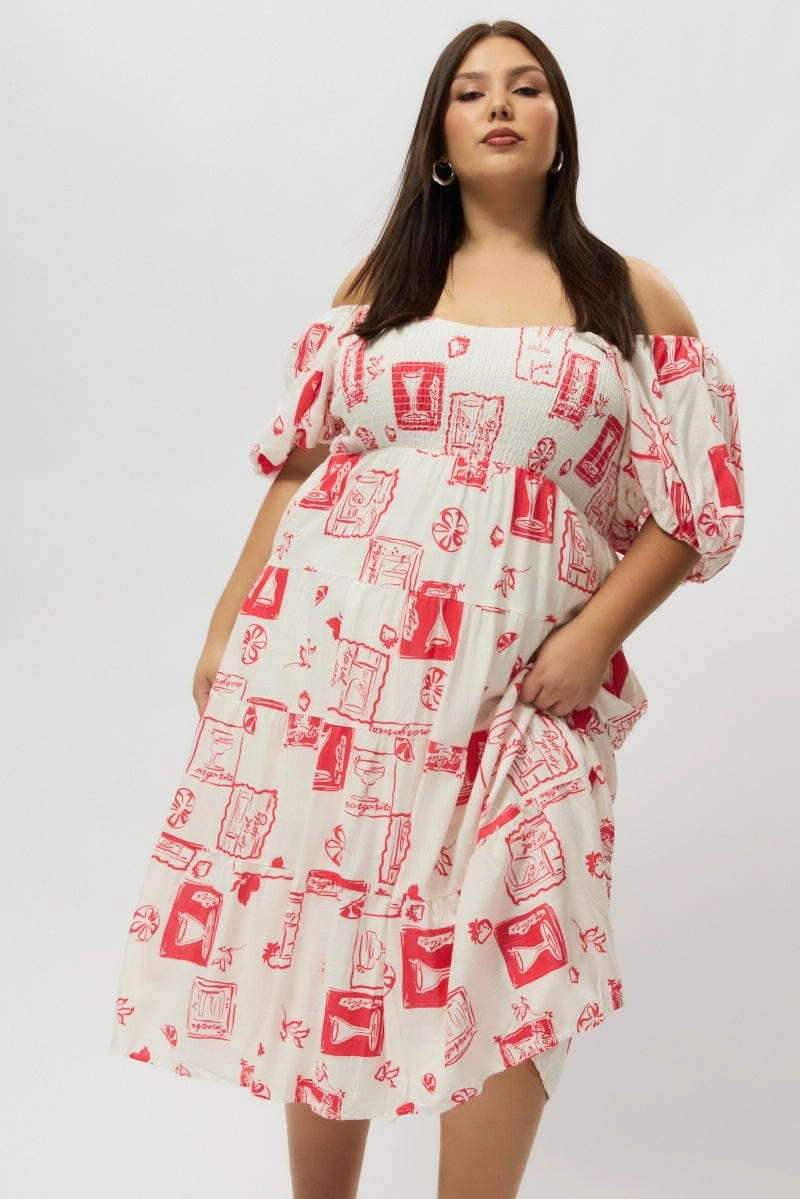 Subtle Comfort Red Abstract Midi Dress Short Sleeve Tiered Linen Blend