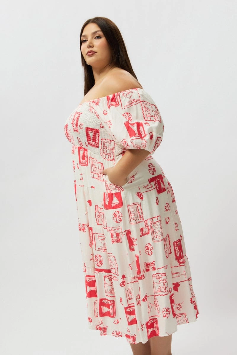 Red Abstract Midi Dress Short Sleeve Tiered Linen Blend Polished Appearance Day Ready