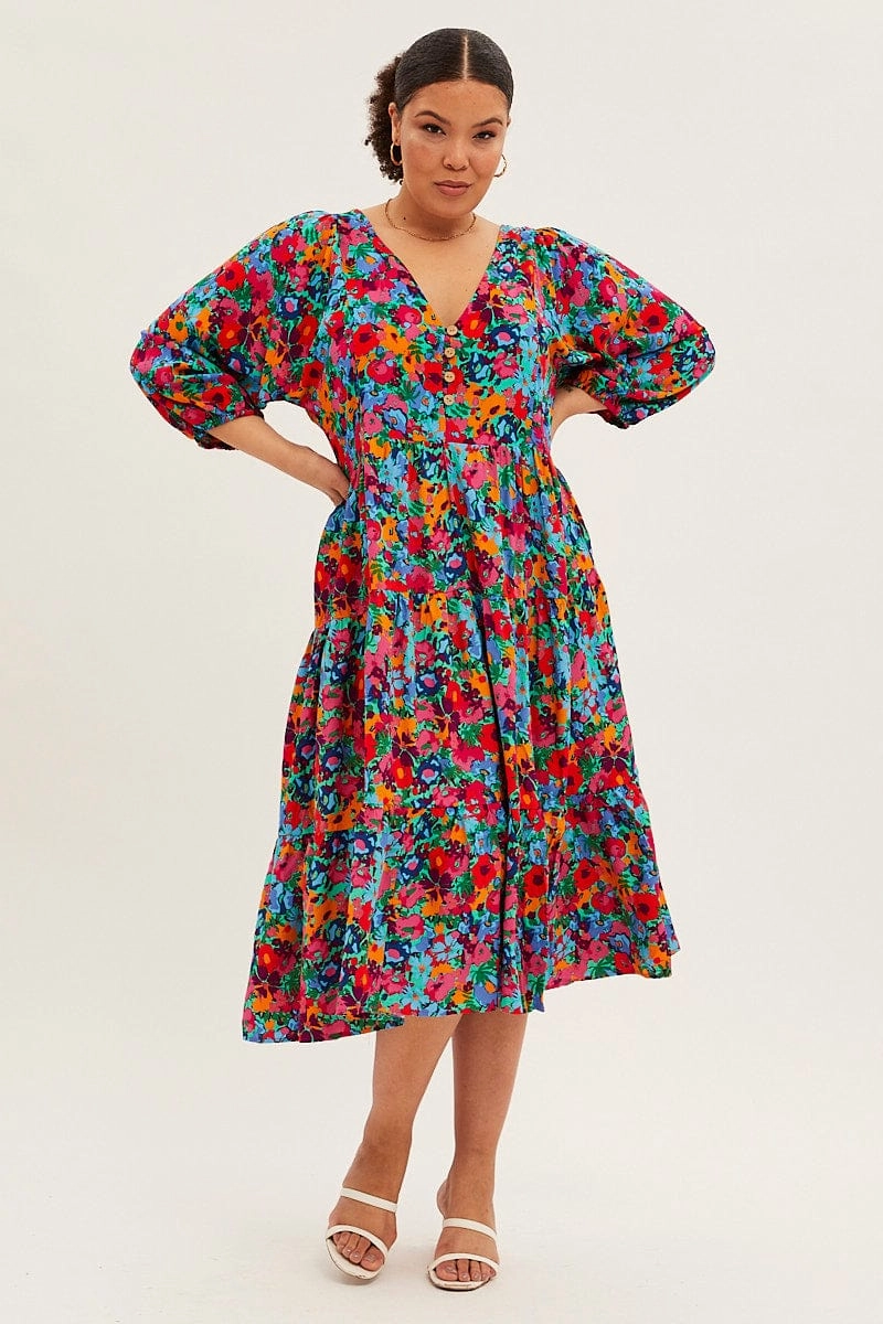Beadwork Vibrant color dress Multi Floral Midi Dress Button Detail Swing Half Sleeve
