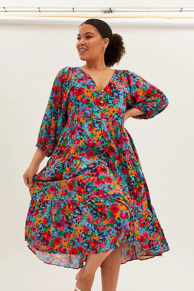 ConvertibleNeckline Flattering Fit for All Multi Floral Midi Dress Button Detail Swing Half Sleeve