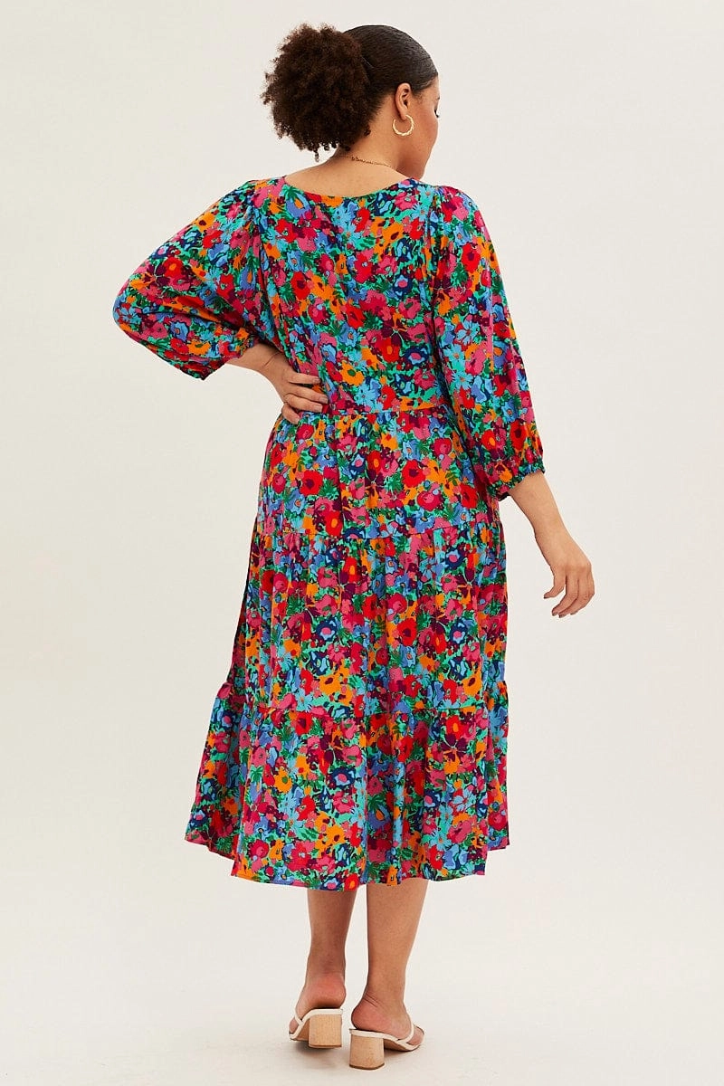 Flower Grace Multi Floral Midi Dress Button Detail Swing Half Sleeve