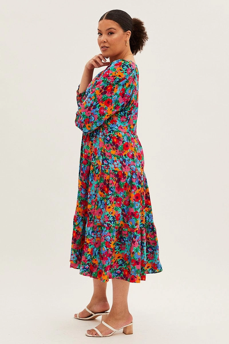 City Rhythm Happy Soul Multi Floral Midi Dress Button Detail Swing Half Sleeve