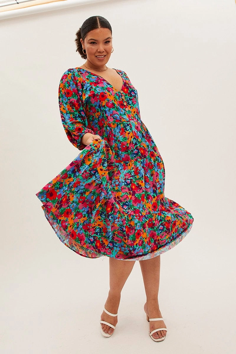 Relax Piece Contemporary Fit Multi Floral Midi Dress Button Detail Swing Half Sleeve
