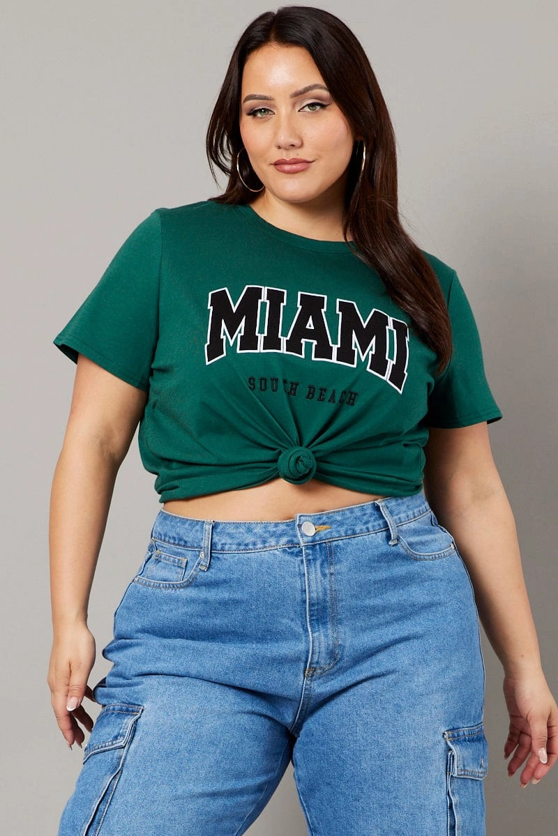 Green Graphic T-shirt Short Sleeve Crew Neck Classic timelessness Stretch Waist