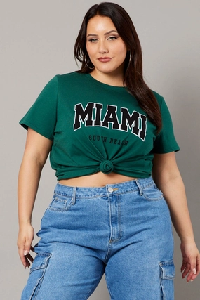 Green Graphic T-shirt Short Sleeve Crew Neck Classic timelessness Stretch Waist