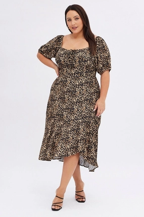 Brown Animal Print Midi Dress Short Sleeve Gathered Bust Floor-Length