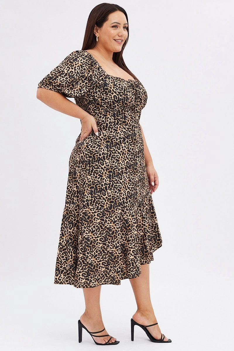 Brown Animal Print Midi Dress Short Sleeve Gathered Bust Underwire-Support