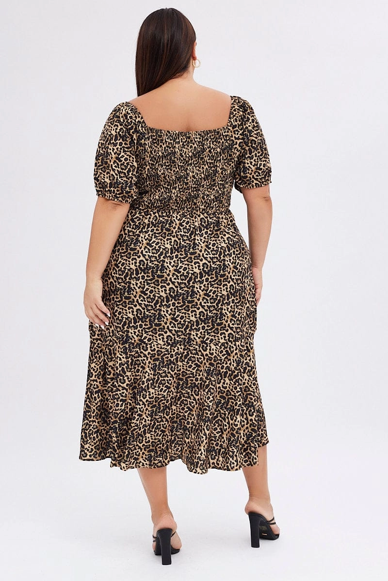 Brown Animal Print Midi Dress Short Sleeve Gathered Bust Simple Touch Tonal-Stitching