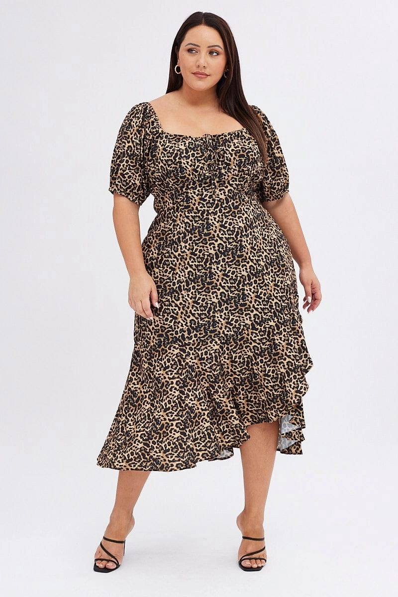 Brown Animal Print Midi Dress Short Sleeve Gathered Bust Peace View Coffee Break