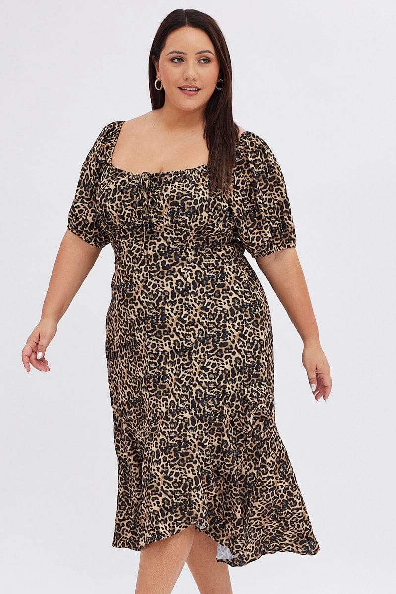 Cozy Comfort Brown Animal Print Midi Dress Short Sleeve Gathered Bust
