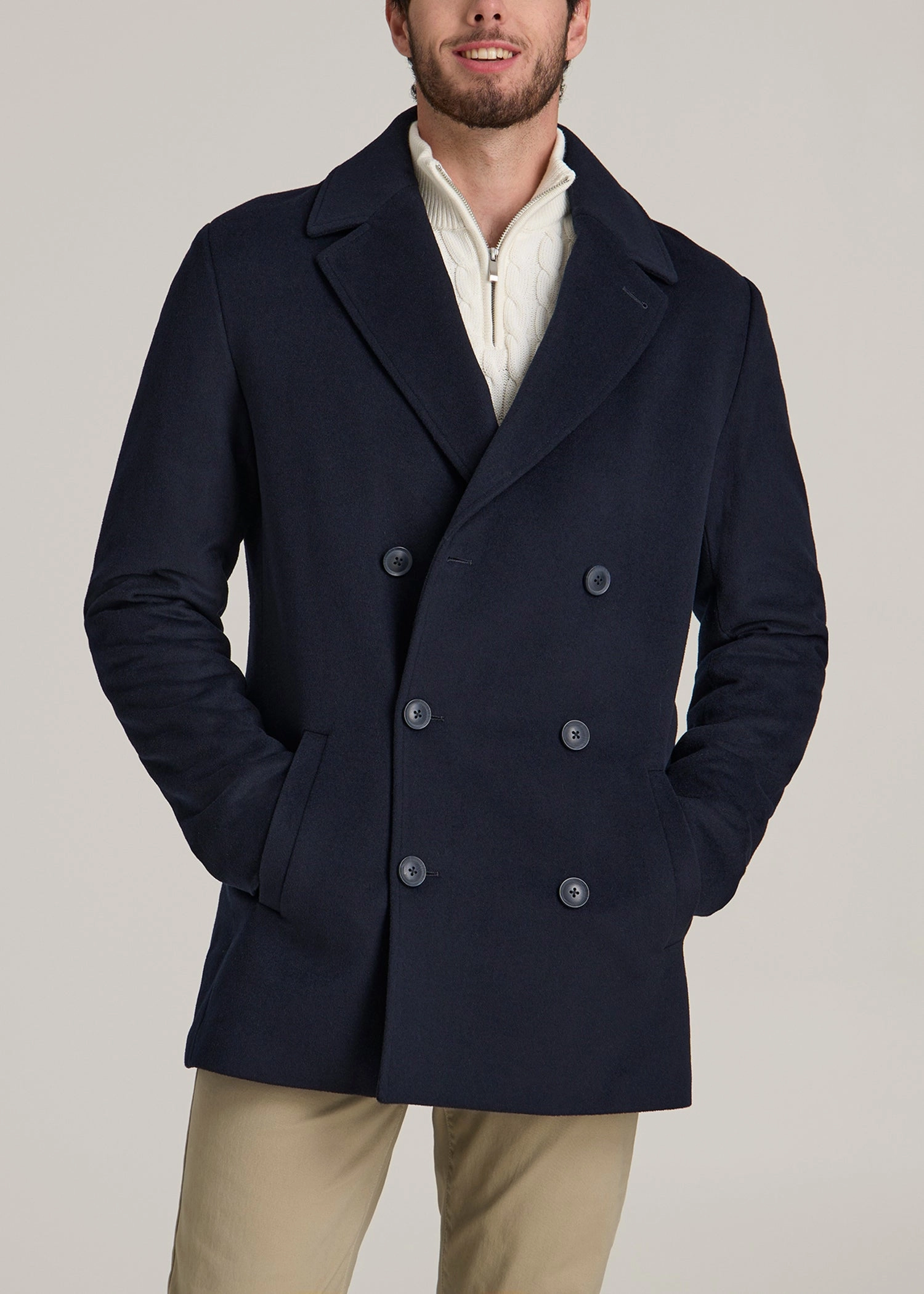 Double-Breasted Wool Peacoat for Tall Men in Deep Navy Rubberized Edging High Visibility Trim
