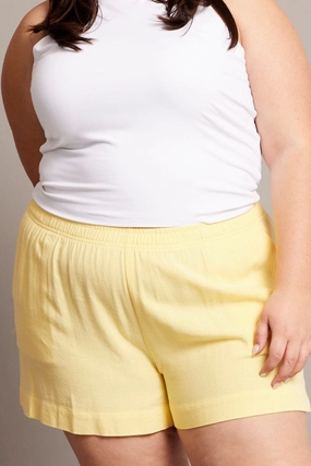 Yellow Elastic Waist Lined Linen Blend Shorts Low Bulk Construction