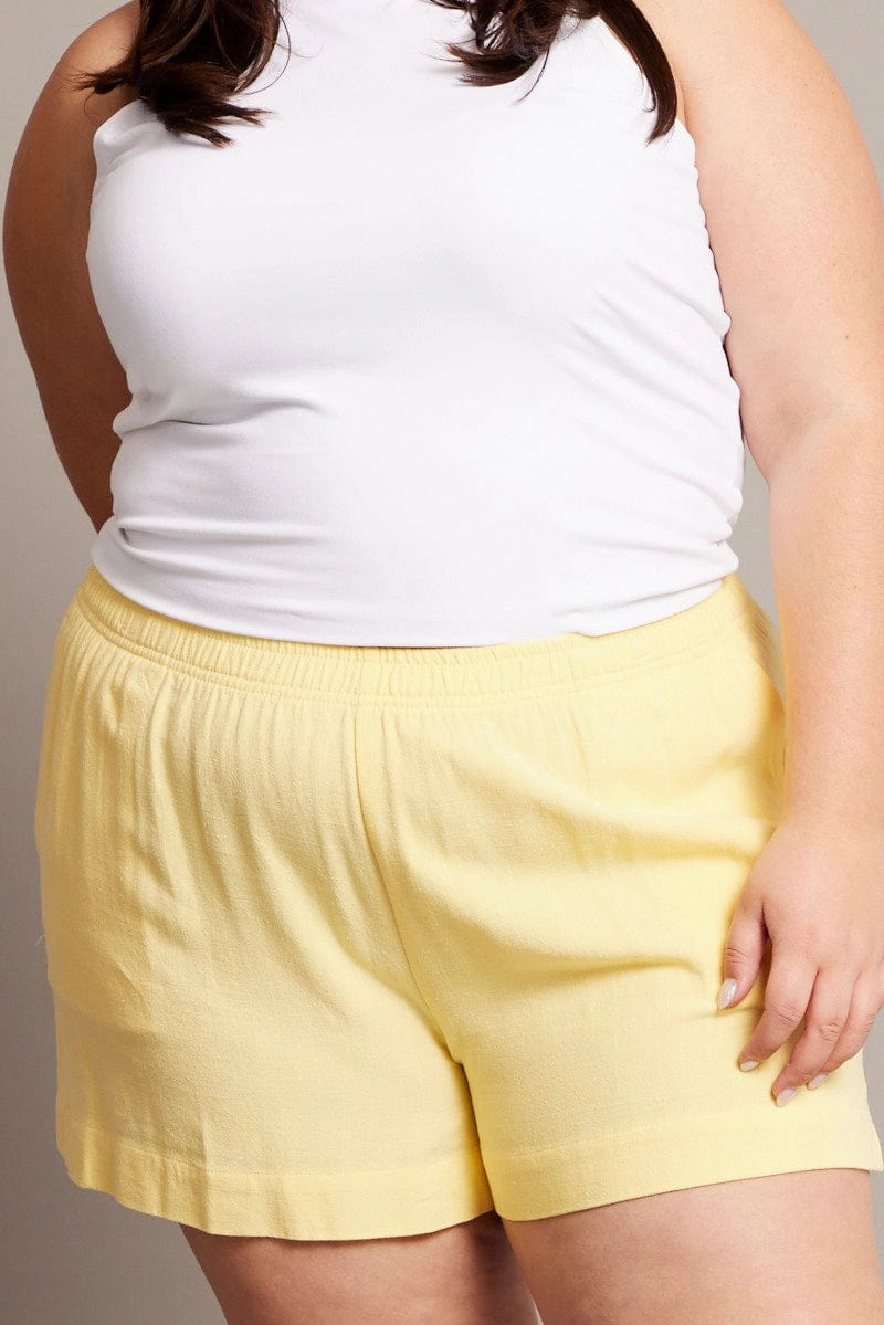 Yellow Elastic Waist Lined Linen Blend Shorts Low Bulk Construction
