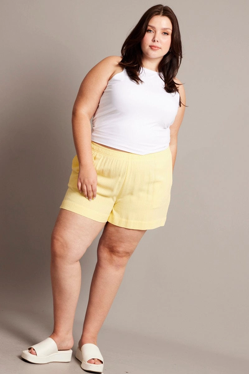 Sporty Comfort Fit Yellow Elastic Waist Lined Linen Blend Shorts