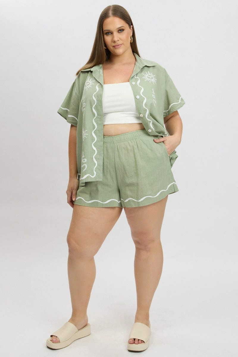 HighBackRise Simple Appeal Green Elastic Waist Pull On Shorts