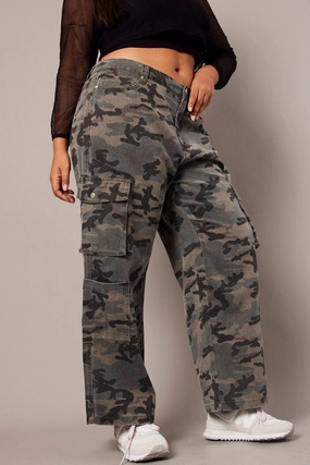Flexible Match Festival Outfit Affordable Sunny Vibes Green Abstract Cargo Jeans Mid Rise