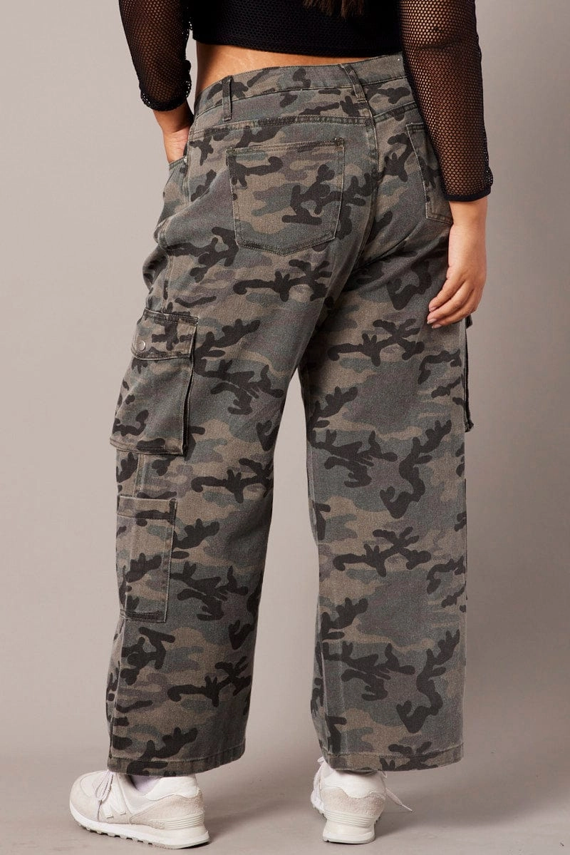 Functional Casual Green Abstract Cargo Jeans Mid Rise