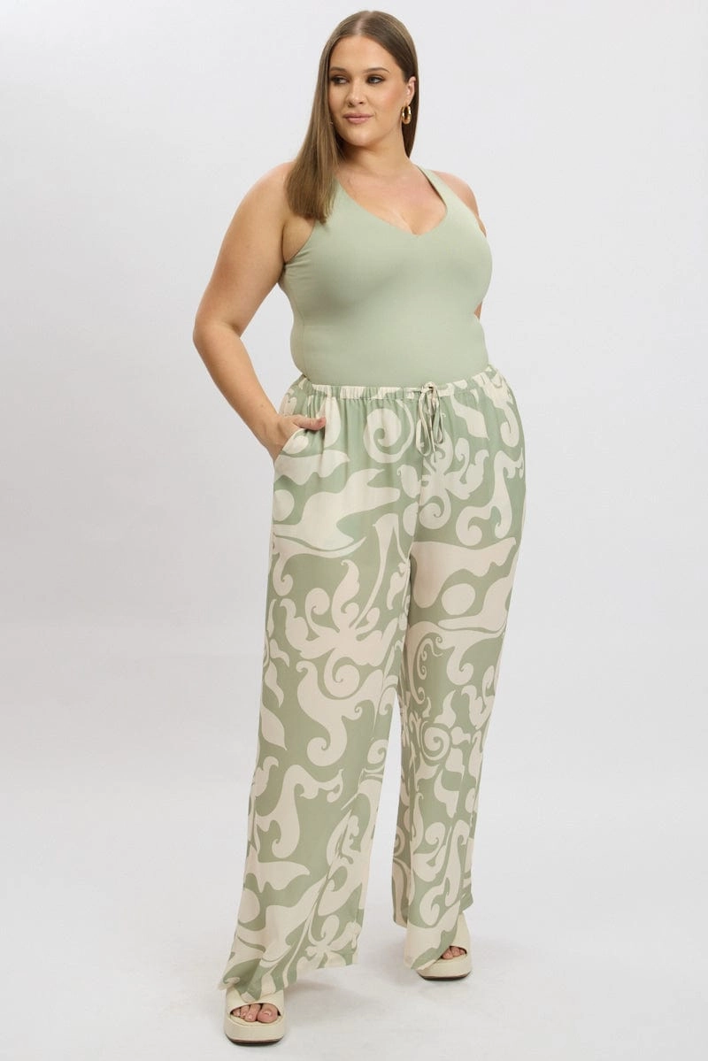 Quick Fit Green Abstract Drawstring Waist Linen Blend Wide Leg Pants