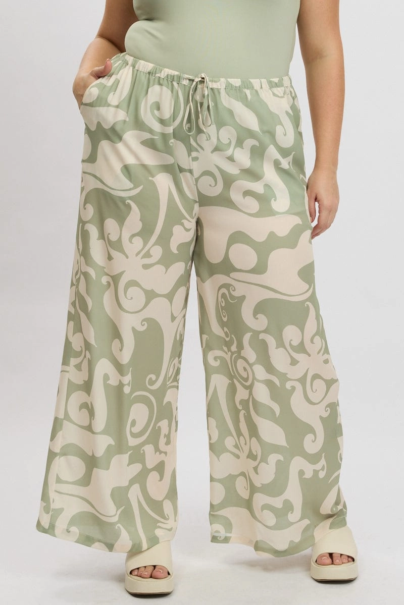 LightweightComfort ResilientElasticBand Green Abstract Drawstring Waist Linen Blend Wide Leg Pants