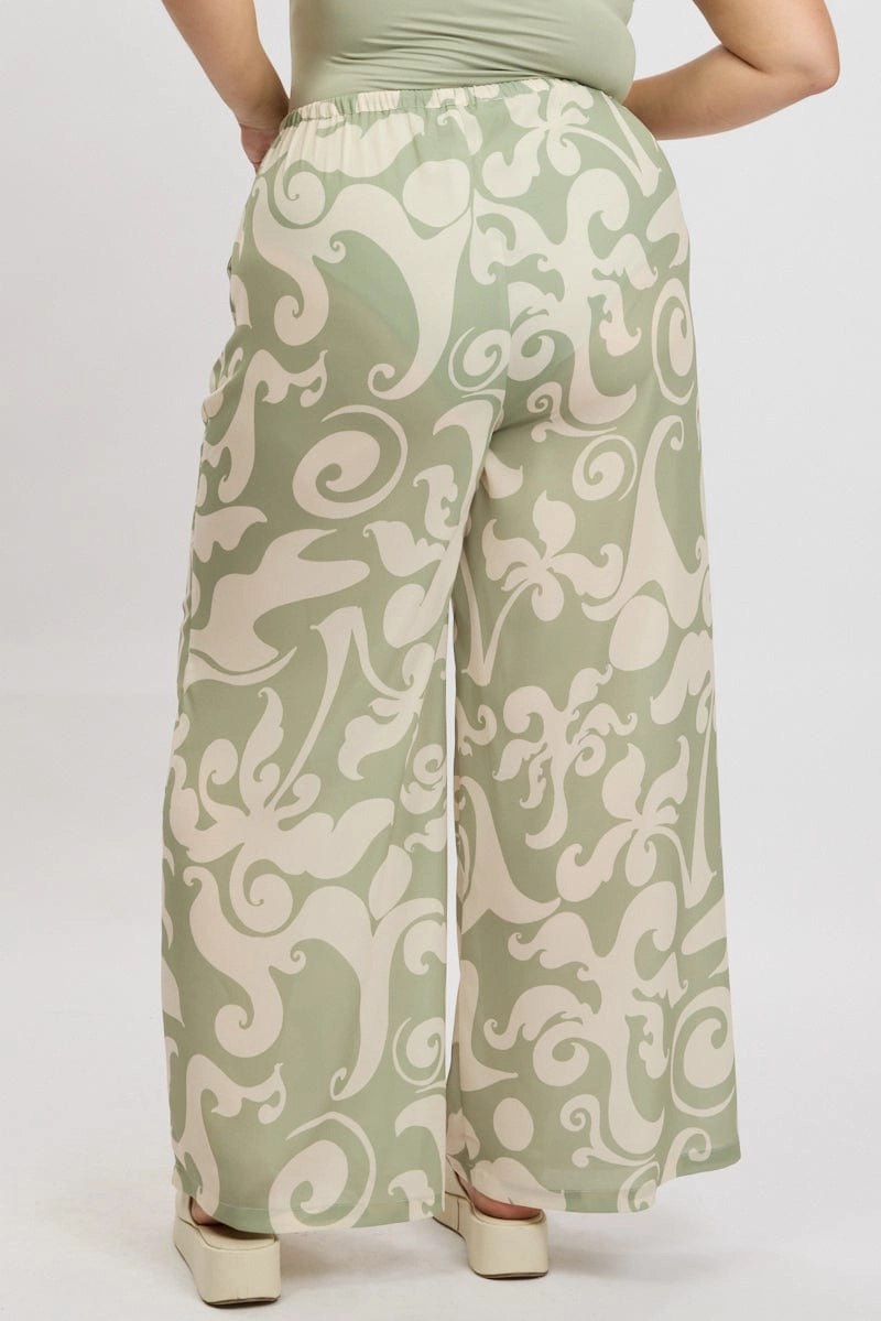 Durable Twill Comfy All-Day Green Abstract Drawstring Waist Linen Blend Wide Leg Pants