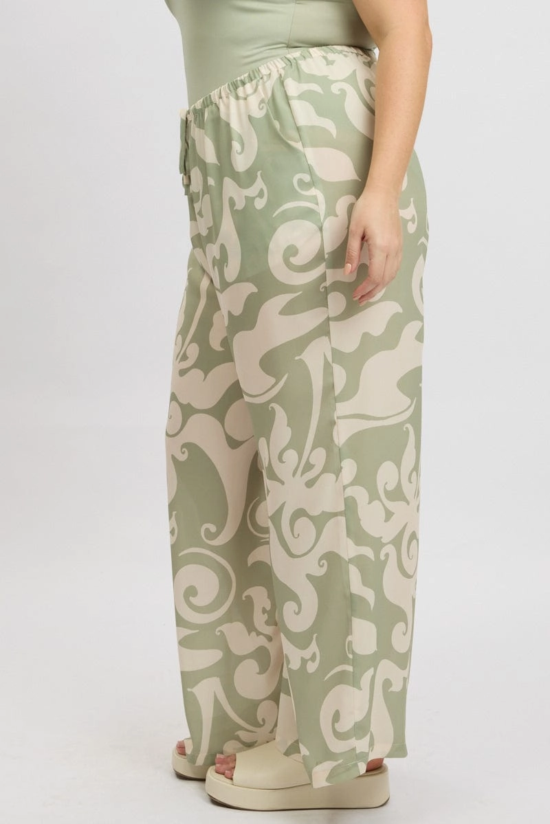 Abrasion Proof Reinforcements Soft Touch Green Abstract Drawstring Waist Linen Blend Wide Leg Pants