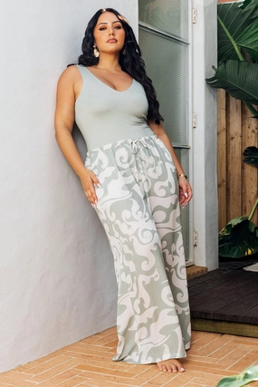 Green Abstract Drawstring Waist Linen Blend Wide Leg Pants Sleek lines Performance Layer