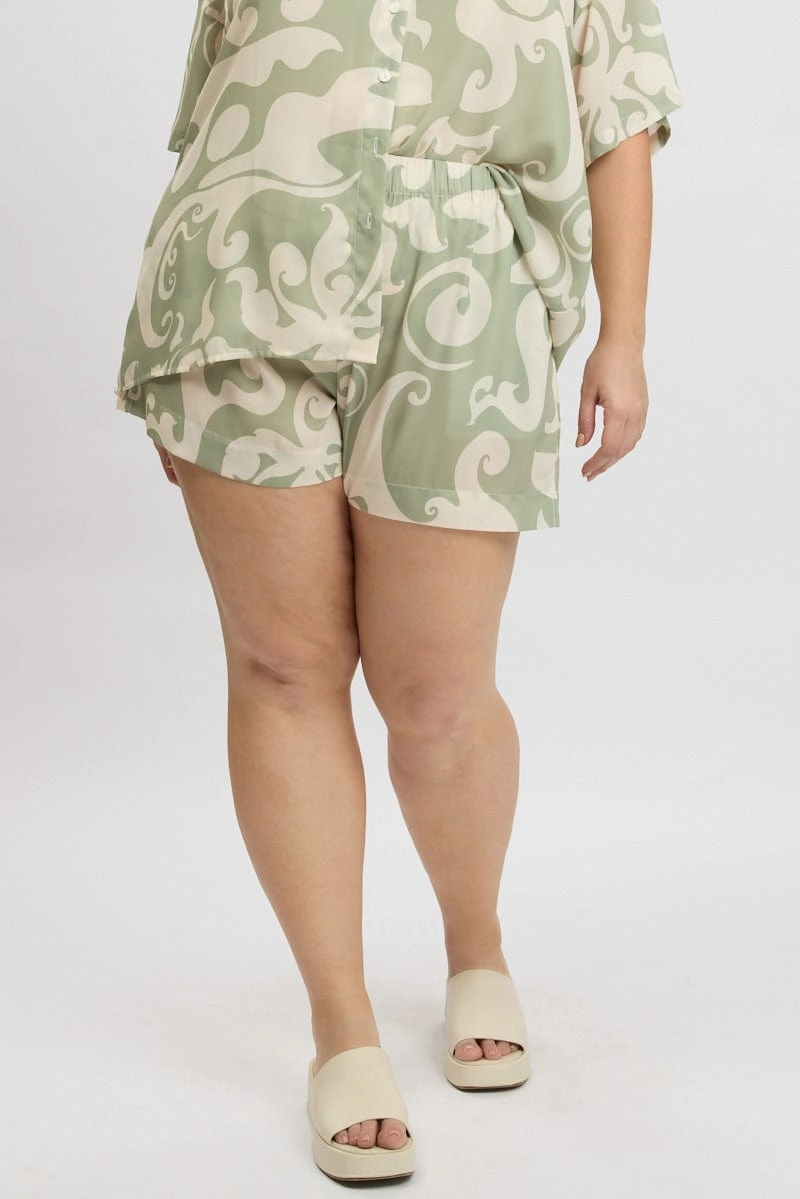 Anti Static Material Green Abstract Elastic Waist Shorts