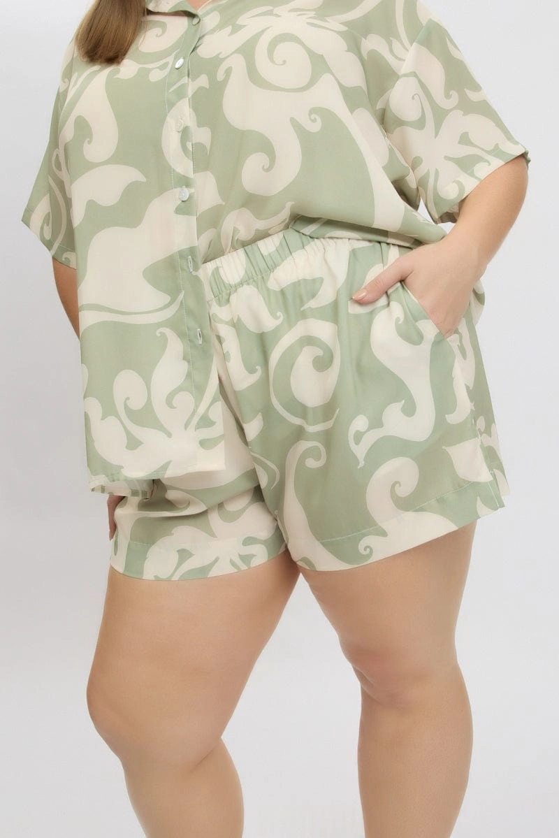 Double Layered Reinforcement Green Abstract Elastic Waist Shorts