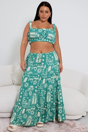 Outfit Game Unique Feature Green Abstract Linen Blend Tiered Drawstring Waist Maxiskirt