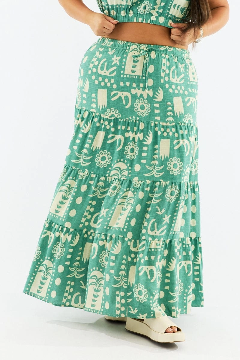 Green Abstract Linen Blend Tiered Drawstring Waist Maxiskirt Outfit Moodset Wrap Closure