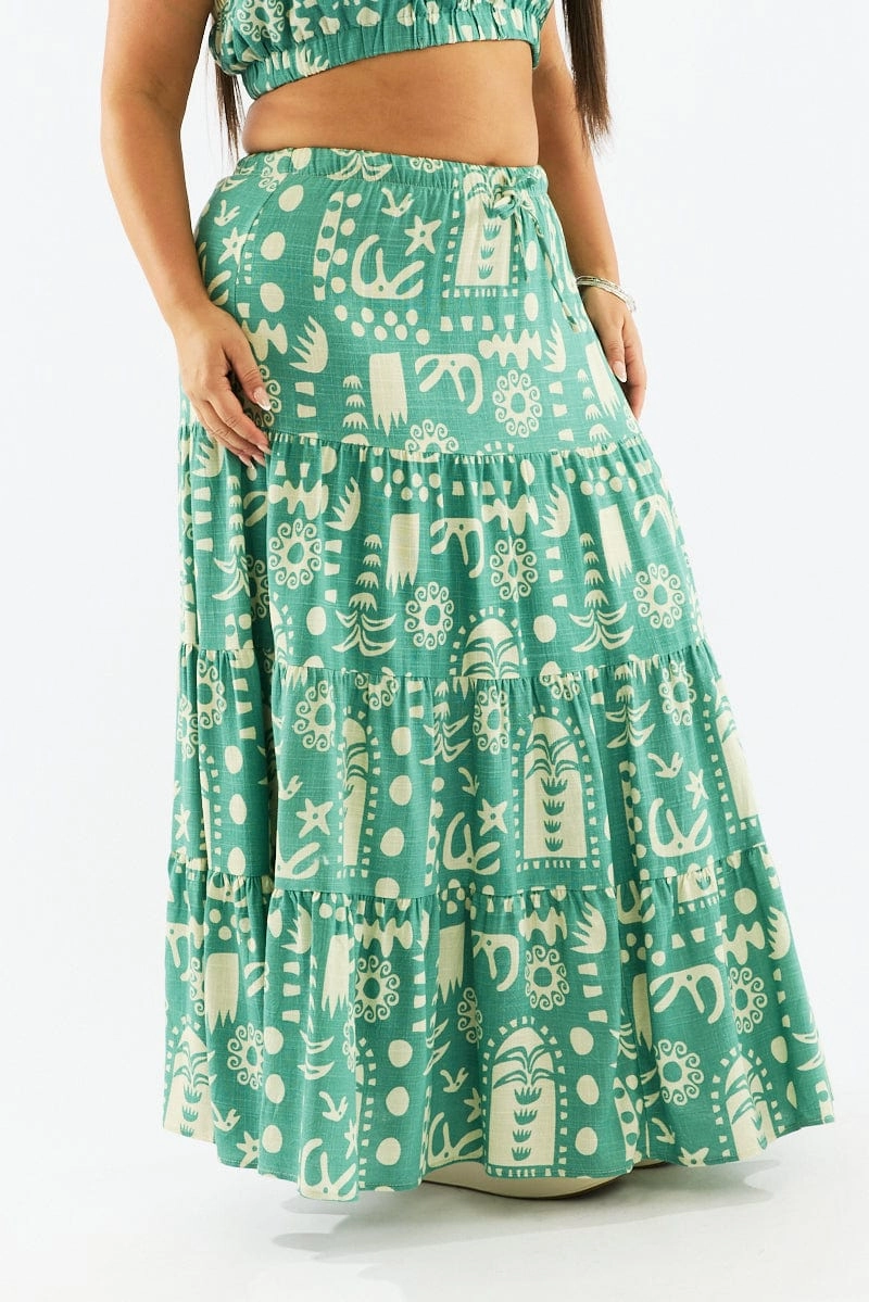 Green Abstract Linen Blend Tiered Drawstring Waist Maxiskirt Polished Style Fresh Look