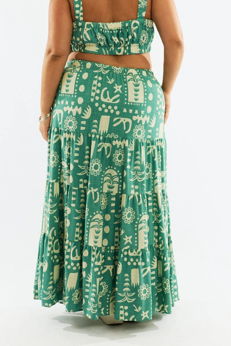 Green Abstract Linen Blend Tiered Drawstring Waist Maxiskirt Sleek Vibe