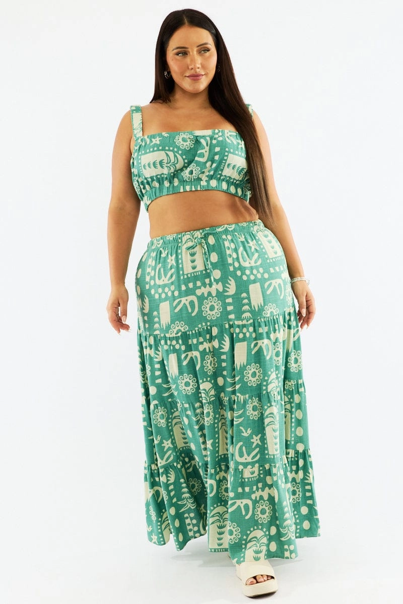 Simple Motion Weekend Outfit Green Abstract Linen Blend Tiered Drawstring Waist Maxiskirt