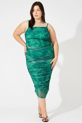 Elegant Look Green Abstract Mesh Ruched Tie Dye Midi Skirt