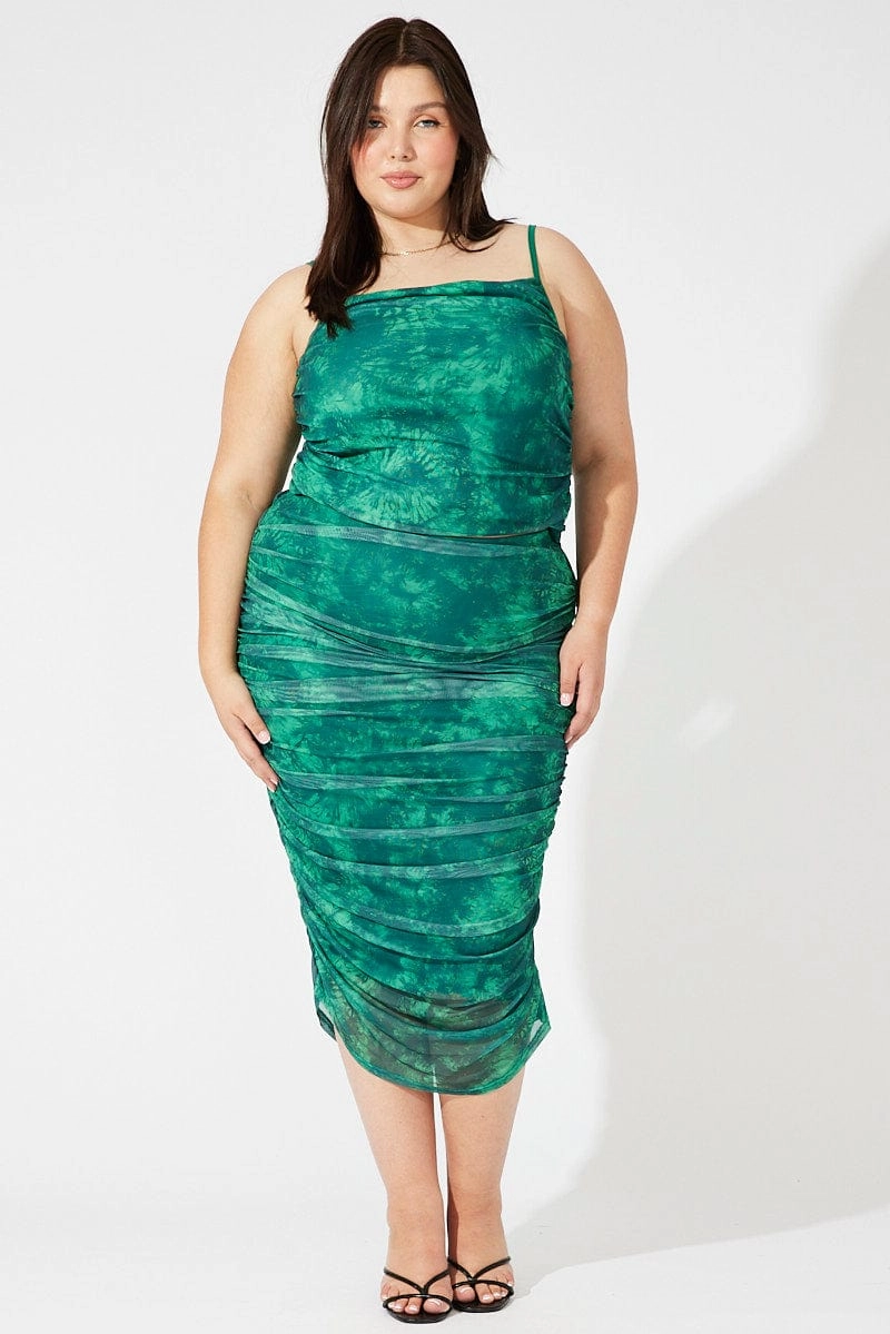 Breathable fabric Green Abstract Mesh Ruched Tie Dye Midi Skirt