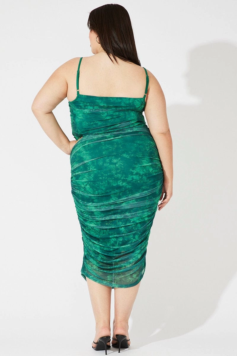 Season To Season Soft Tones Green Abstract Mesh Ruched Tie Dye Midi Skirt