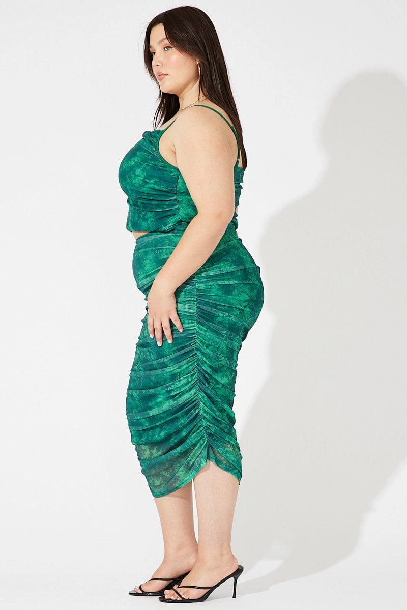 Easy Motion Comfortable Feel Green Abstract Mesh Ruched Tie Dye Midi Skirt