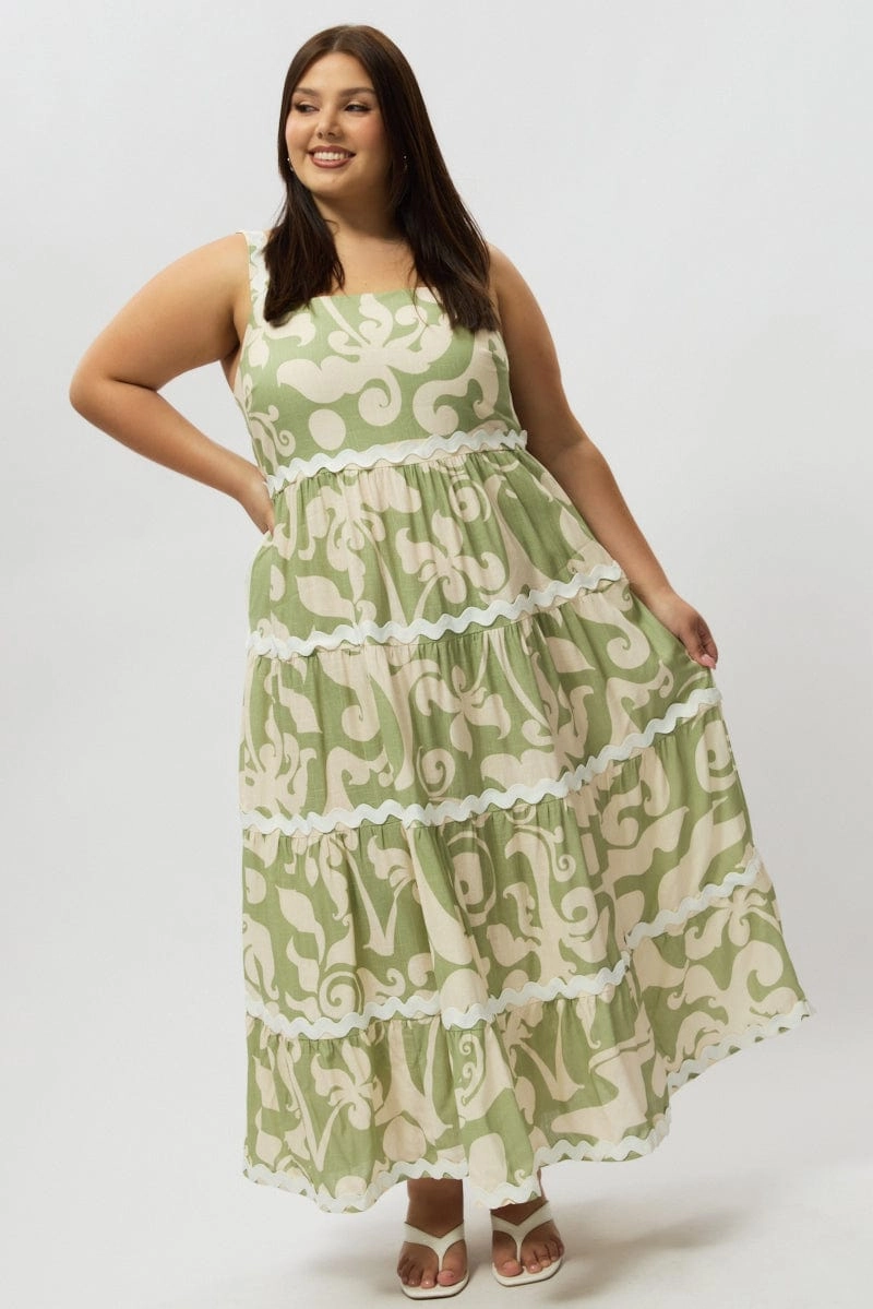 Trend Smart Chic Comfort Look Green Abstract Midi Dress Sleeveless Ric Rac Tiered Linen Blend