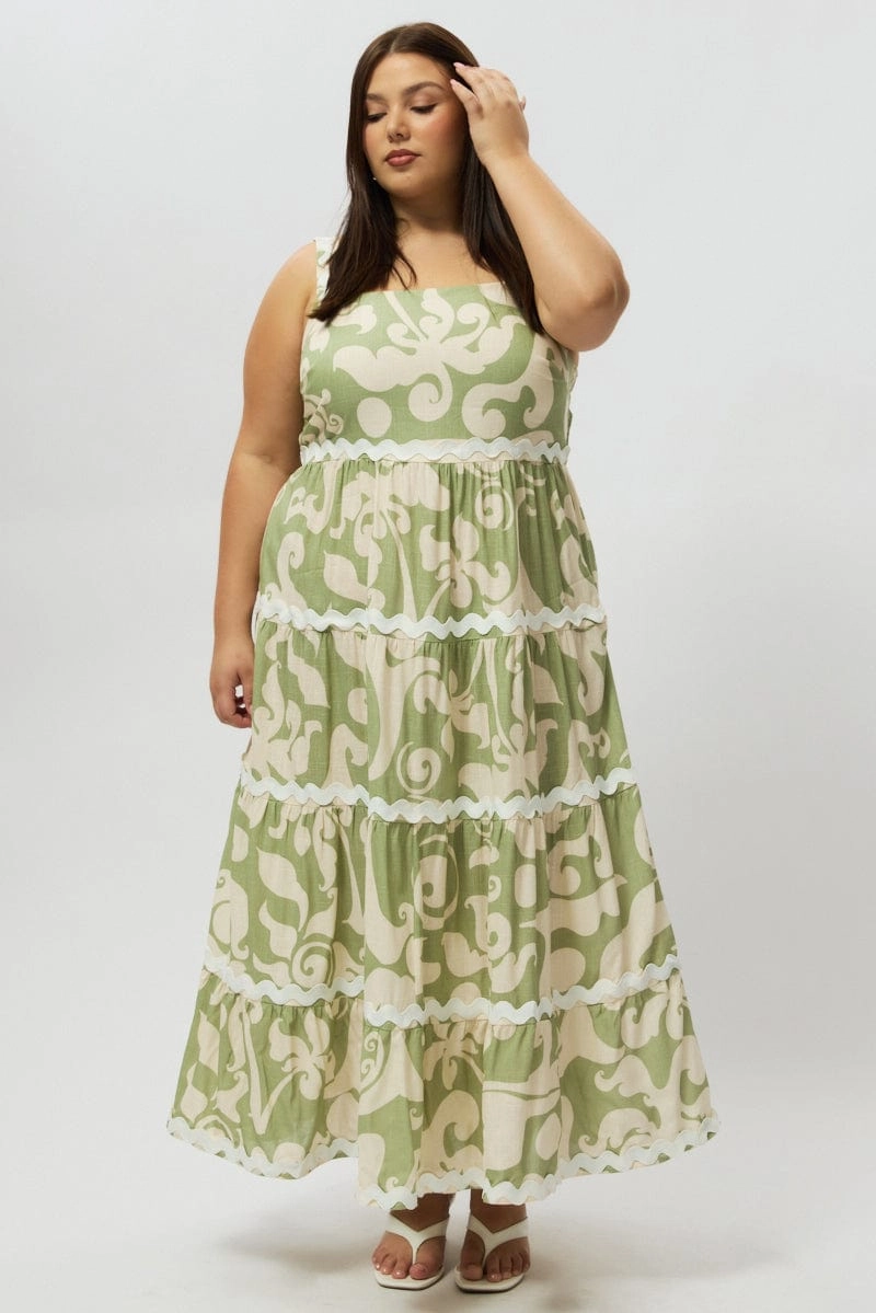Smooth Lines High Waist Green Abstract Midi Dress Sleeveless Ric Rac Tiered Linen Blend