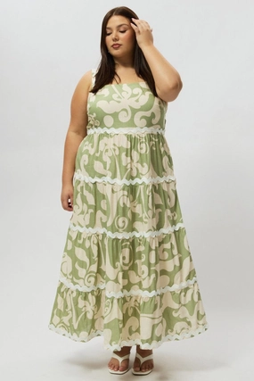 Smooth Lines High Waist Green Abstract Midi Dress Sleeveless Ric Rac Tiered Linen Blend