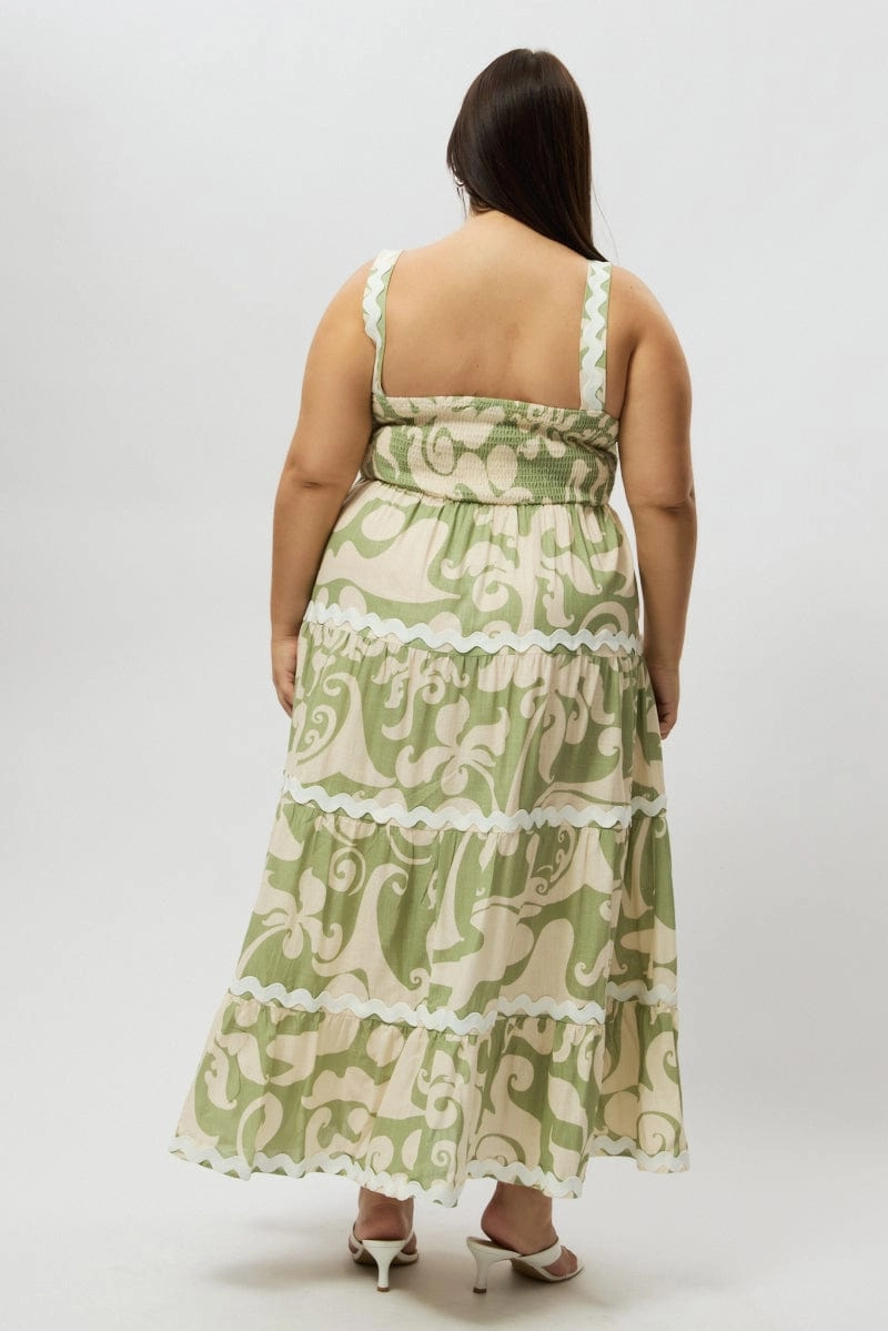 Softly Structured Day To Night Green Abstract Midi Dress Sleeveless Ric Rac Tiered Linen Blend