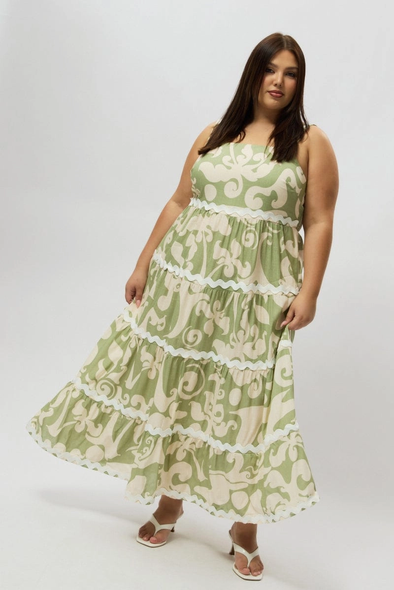 Green Abstract Midi Dress Sleeveless Ric Rac Tiered Linen Blend Studio Style