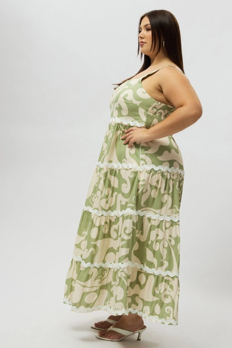 Elegant holiday wear Shine Moment Green Abstract Midi Dress Sleeveless Ric Rac Tiered Linen Blend